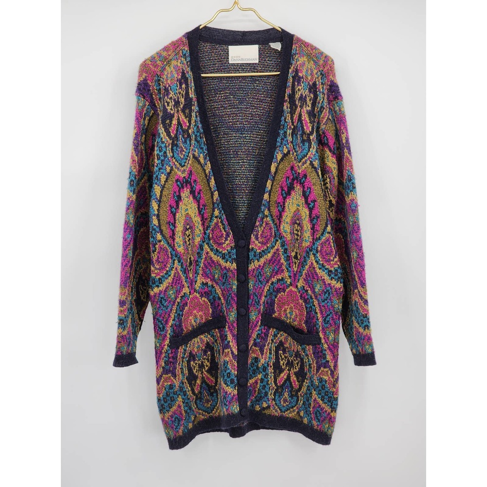 Vintage Multicolor Paisley Knit Cardigan - Pink, Blue, Green, Gold, Black
